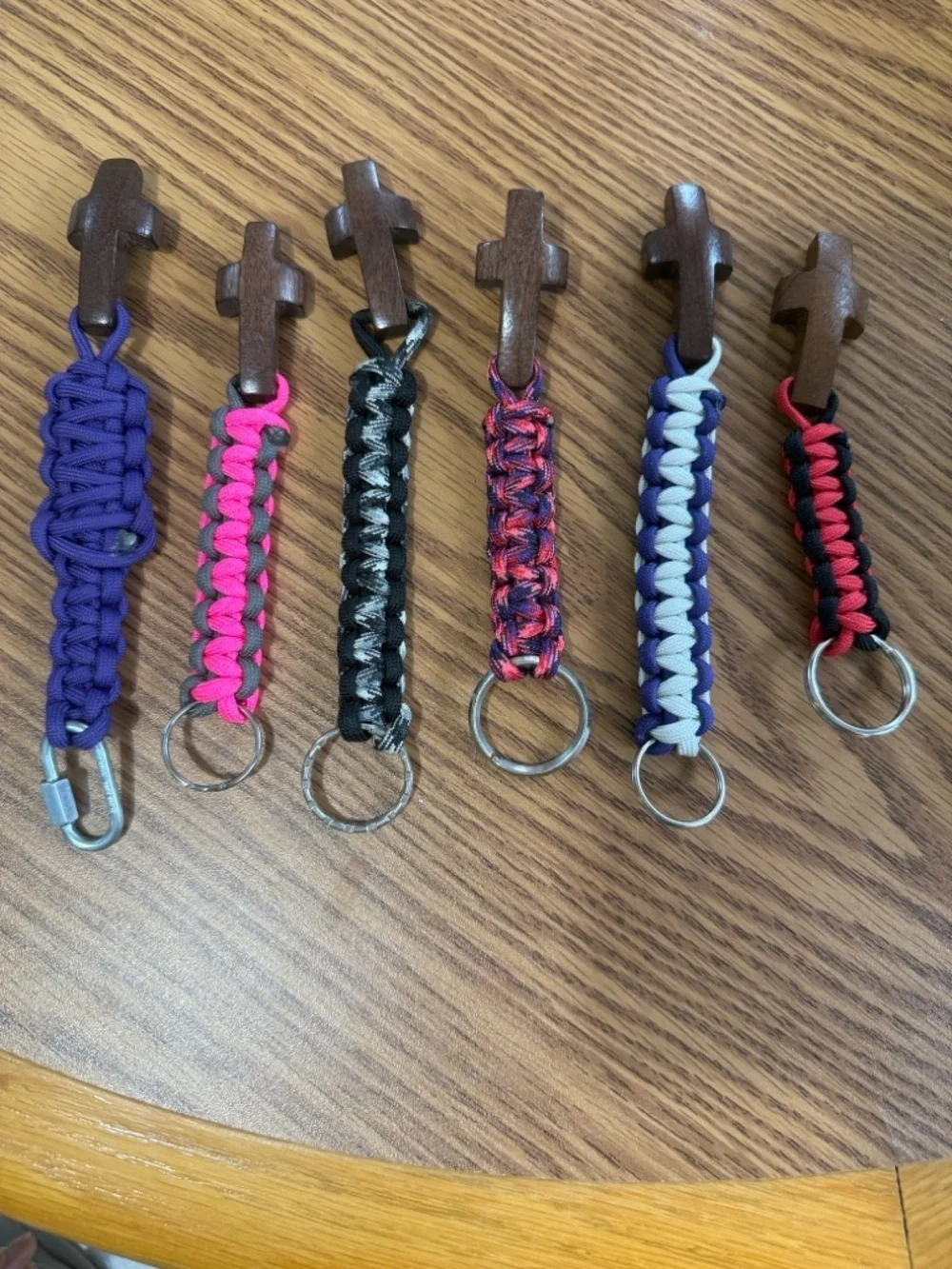 Wooden Worry Cross with Heart Inlay Paracord Keychains - Assorted Colors
